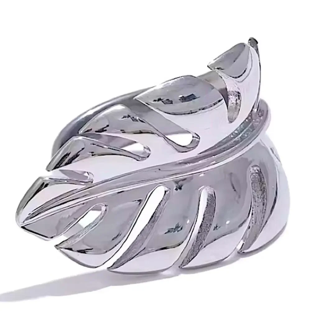 Silver Feather Leaf Leaves Ring Adjustable Stainless Steel Gold Plated